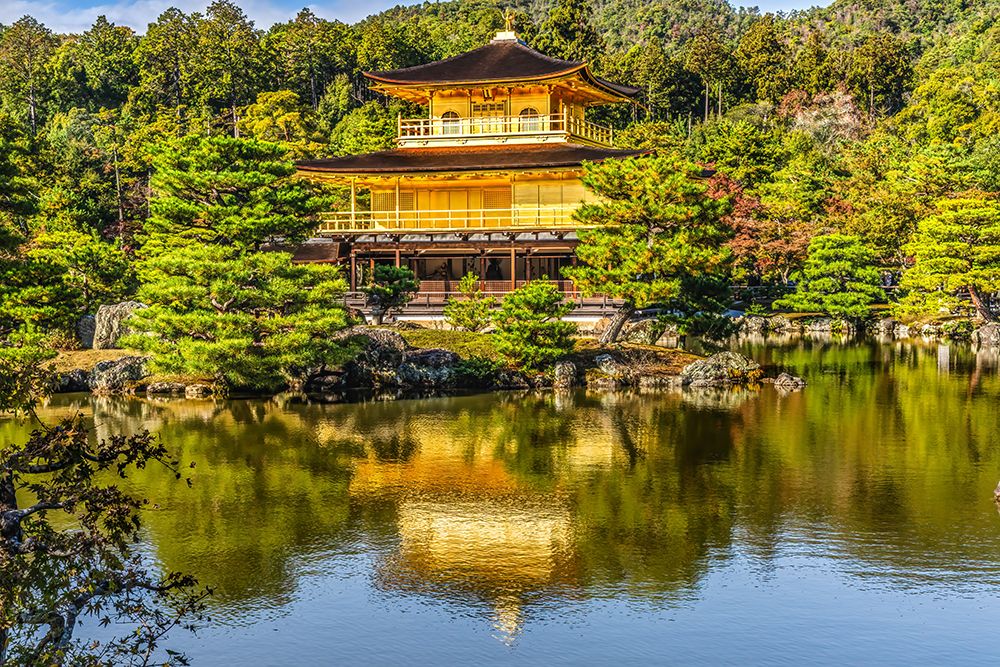 Colorful Kinkaku-Ji (Rokuon-Ji) golden pavilion, Kyoto, Japan. Dates to 1397.